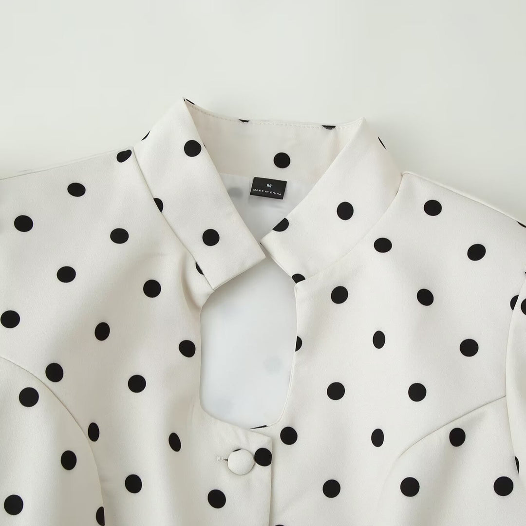 Damen Gepunktete Bluse mit Stehkragen, Puffärmeln und Peplum-Saum Drune