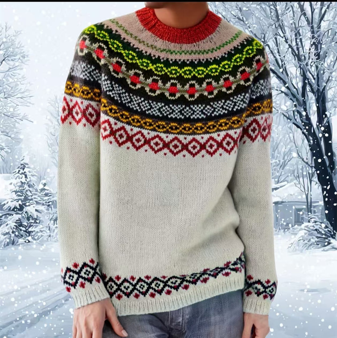 Damen nan melierter Rundhalsausschnittpullover mit kreisförmigem Jacquard-Yoke und geripptem Saum Drune