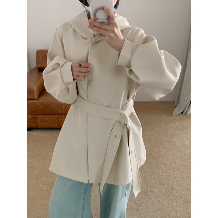 Damen Oversize Midimantel mit Kapuze, verdeckter Knopfleiste und voluminösen Ärmeln Drune