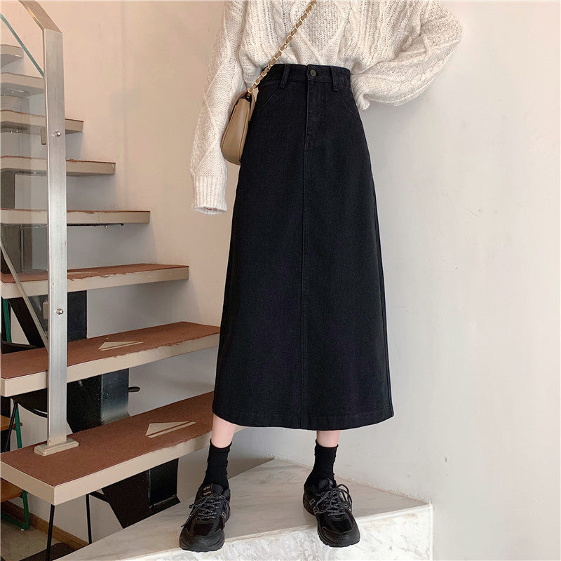 Damen Denim-Midi-Rock mit hoher Taille Drune