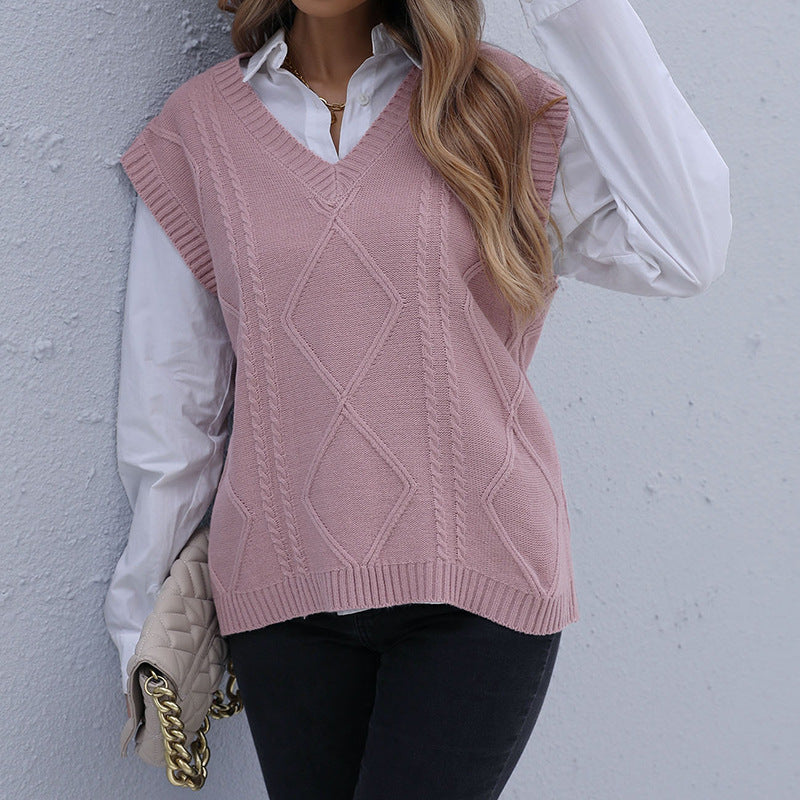 Damen Strickweste mit V-Ausschnitt, Rautenmuster und kastiger Oversize-Silhouette Drune