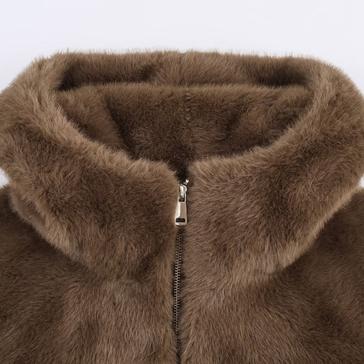Damen Weiche und luxuriöse Jacke aus Kunstpelz mit Kapuze und praktischen Taschen Drune