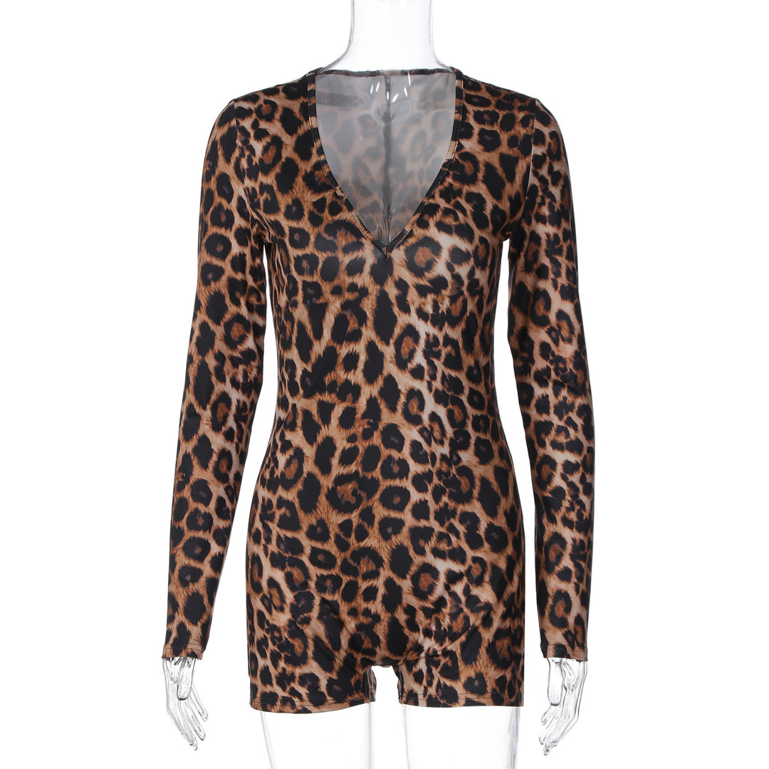 Damen stylischer Leopardenmuster Bodysuit mit V-Ausschnitt und langen Ärmeln Drune