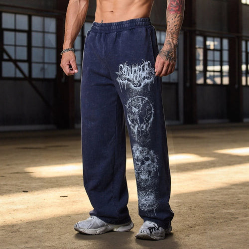 Herren nan weite Jogginghose mit elastischem Bund, Seitentaschen und detailreichem Schädel- und Rosenmotiv Drune