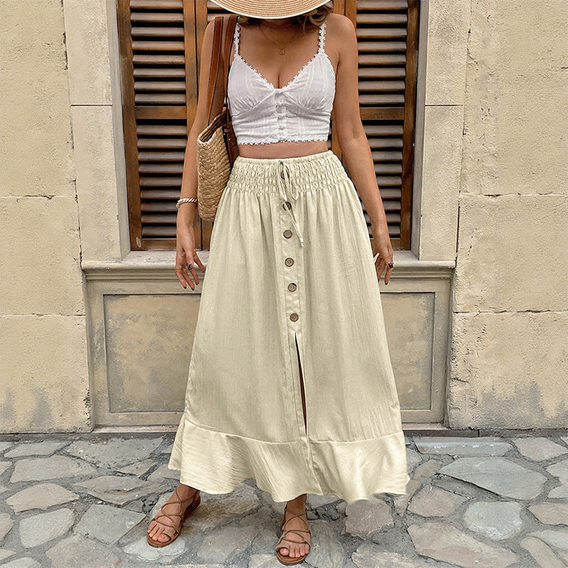 Damen Sommerlicher Maxirock mit Smockbund, durchgehender Knopfleiste, Seitenschlitz und Volant Drune