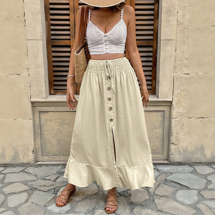 Damen Sommerlicher Maxirock mit Smockbund, durchgehender Knopfleiste, Seitenschlitz und Volant Drune