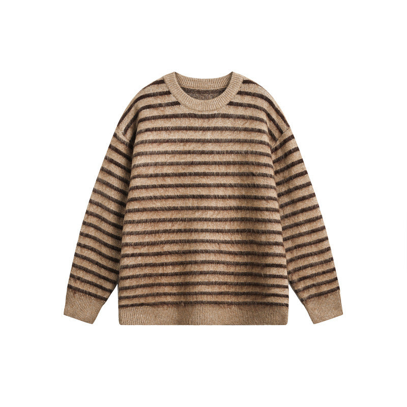 Unisex Oversize Gestreifter Flauschpullover mit Rundhalsausschnitt Drune