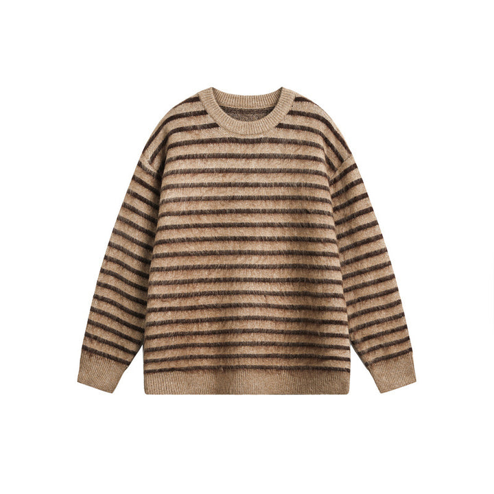 Unisex Oversize Gestreifter Flauschpullover mit Rundhalsausschnitt Drune