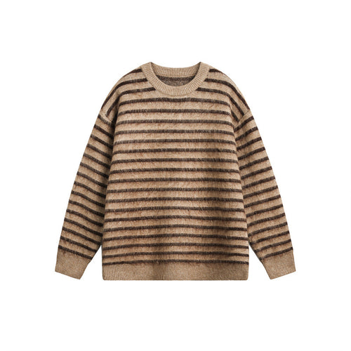 Unisex Oversize Gestreifter Flauschpullover mit Rundhalsausschnitt Drune