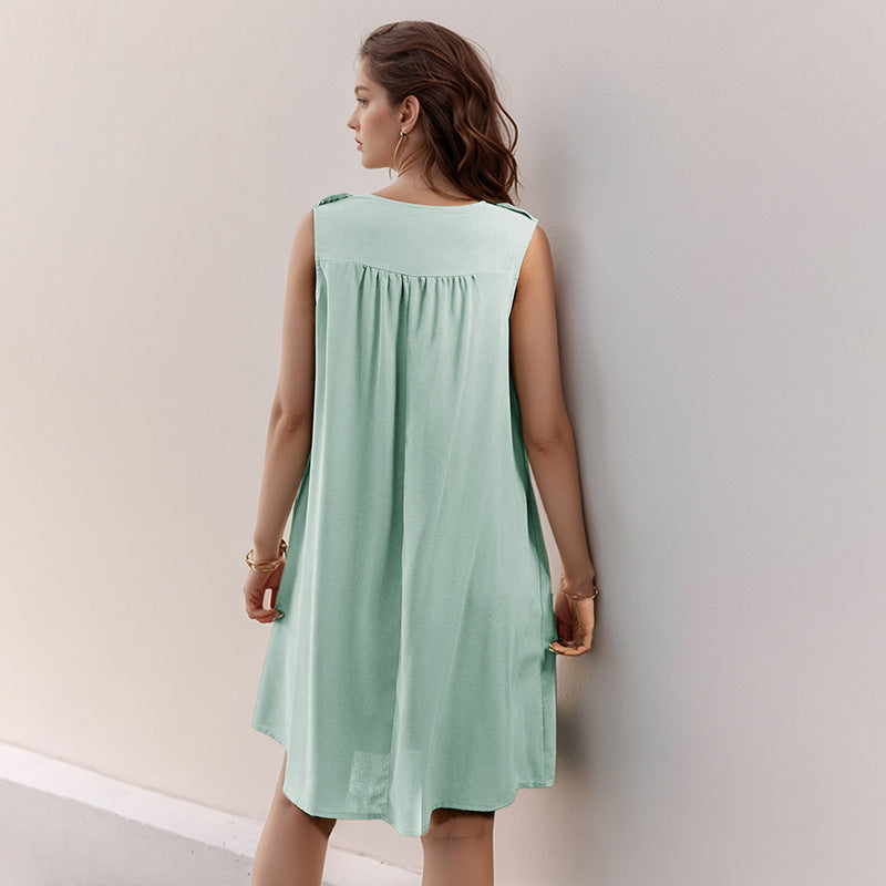 Damen lässiges Sommerkleid mit Knopfdetails und seitlicher Raffung Drune