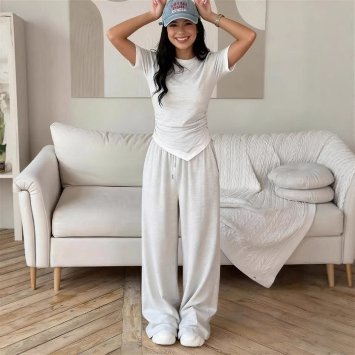 Damen elegantes Set aus Kurzarmshirt und weit geschnittenen Hosen Drune