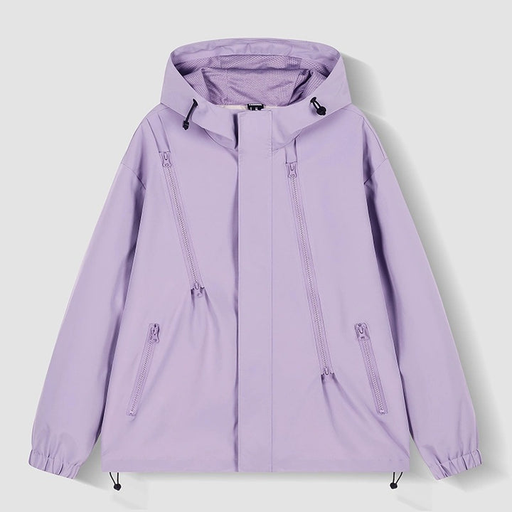 Damen Kurze technische Kapuzenjacke mit asymmetrischen Reißverschlüssen & Kordelzug Drune