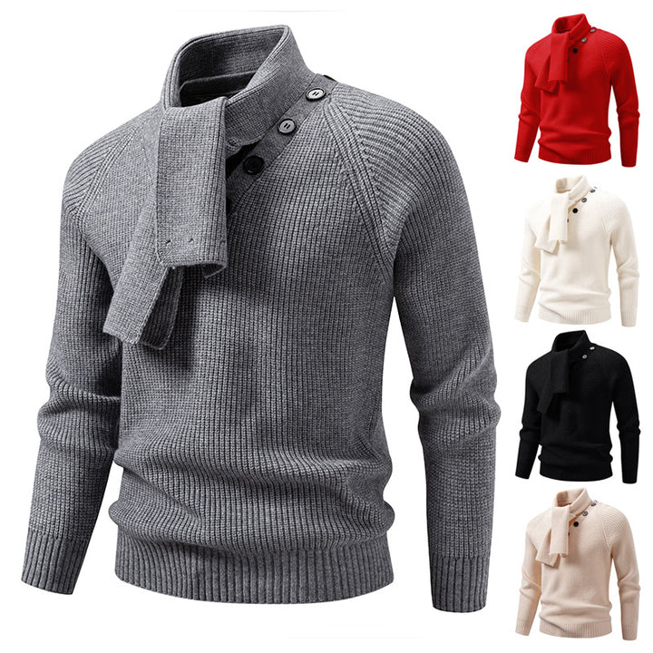 Herren Strickpullover mit integriertem Schlauchkragen-Schal und Knopfdetail Drune