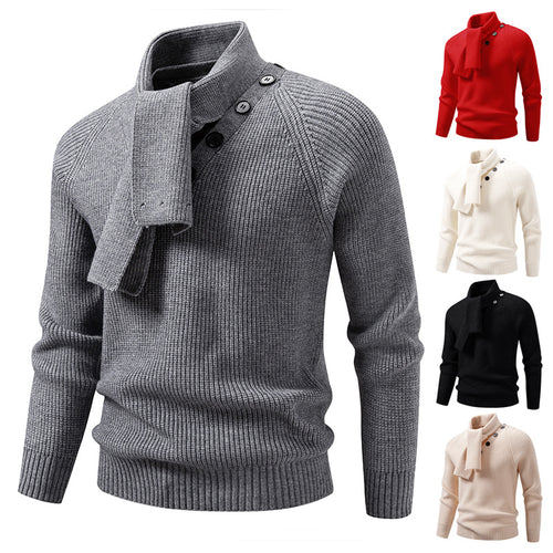 Herren Strickpullover mit integriertem Schlauchkragen-Schal und Knopfdetail Drune