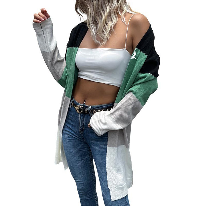 Damen Longline Strickcardigan mit Farbblockmuster, offener Front und lässiger Oversize‑Passform Drune