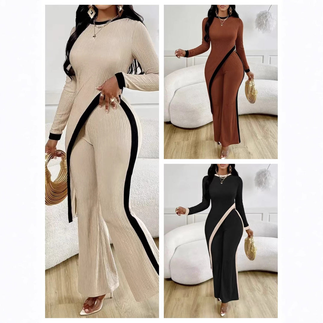Damen nan eleganter Rippen-Jumpsuit mit asymmetrischer Wickeloptik, taillierendem Cut-Out und kontrastierenden Seitenstreifen Drune