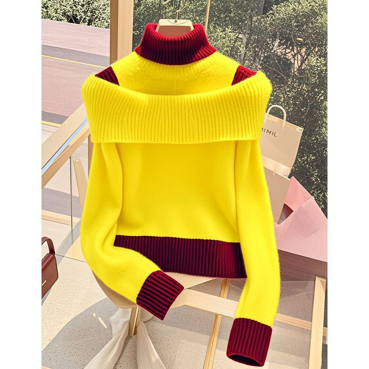Damen Pullover mit weitem Stehkragen und dekorativem Farbkontrast Drune