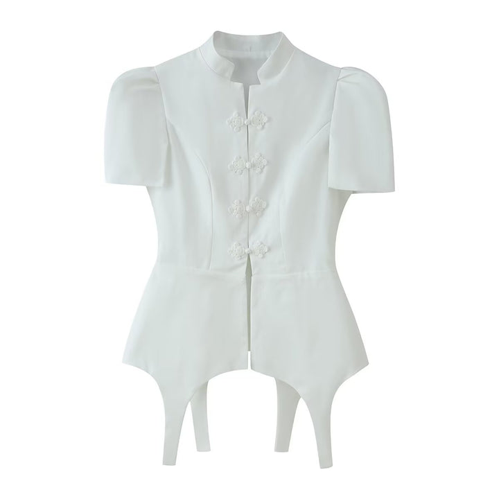 Damen Taillierter Zweiteiler mit Korsagen-Top, Mandarin-Kragen und High‑Waist Tailored Shorts Drune