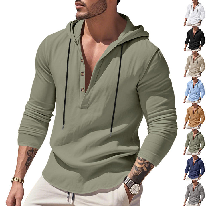 Herren nan lässiges Leinenhemd mit Kapuze und Henley-Knopfleiste Drune