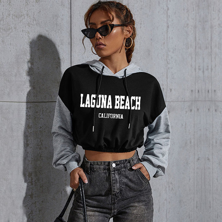 Damen Cropped Hoodie mit Kontrastärmeln, elastischem Saum und schmelzendem Smiley-Print Drune