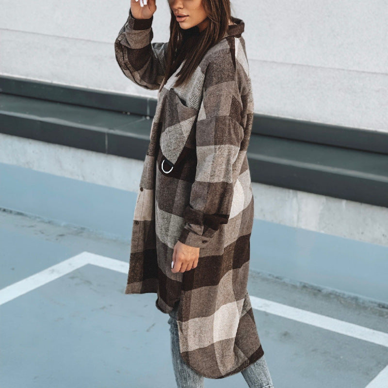 Damen Langer Karo-Wintermantel mit knöpfbarem Design und lockerer Passform Drune