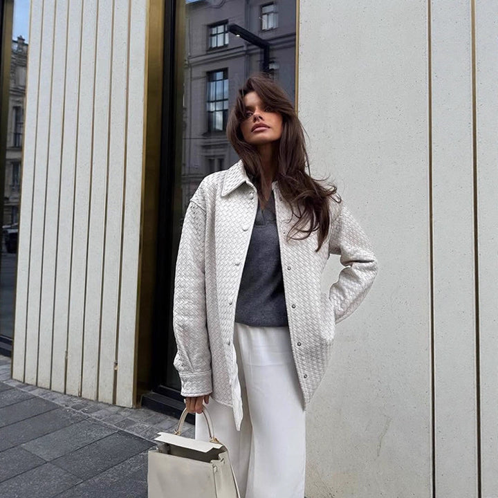 Damen lässige Kunstleder-Jacke mit geflochtenem Design und praktischen Druckknöpfen Drune