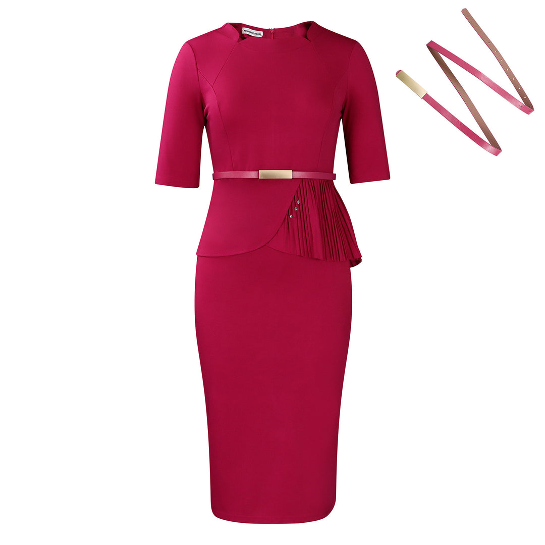 Damen Midi-Kleid mit drapierter Vorderseite und abnehmbaren Taillengürteln Drune
