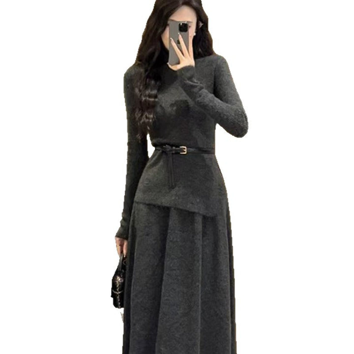 Damen Elegantes Strickkleid mit asymmetrischem Saum und Gürtel Drune