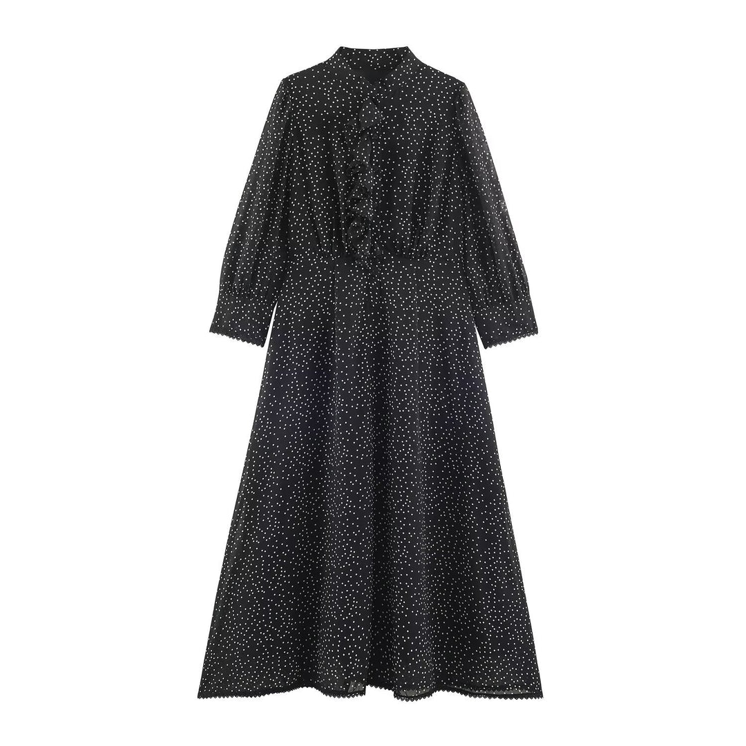 Damen Midikleid mit Rüschenfront, Stehkragen und ausgestelltem A-Linien‑Rock Drune