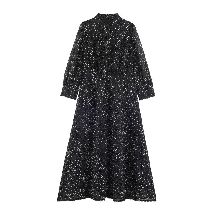 Damen Midikleid mit Rüschenfront, Stehkragen und ausgestelltem A-Linien‑Rock Drune