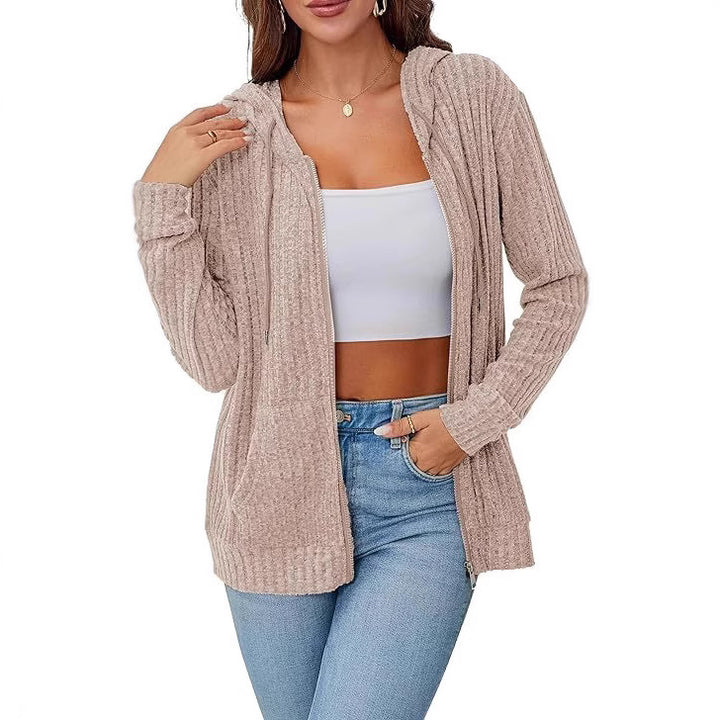 Damen Strick-Kapuzenjacke mit Reißverschluss, Waffelstruktur und Eingrifftaschen Drune