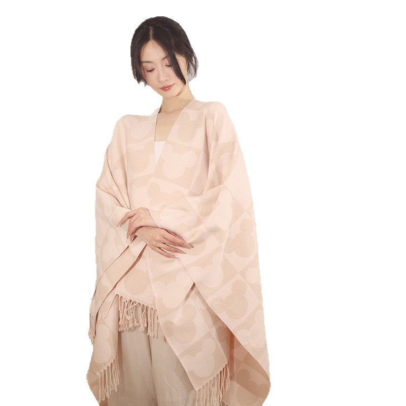 Damen Oversize-Poncho mit Fransen und figurativem Jacquardmuster aus Wollmix Drune