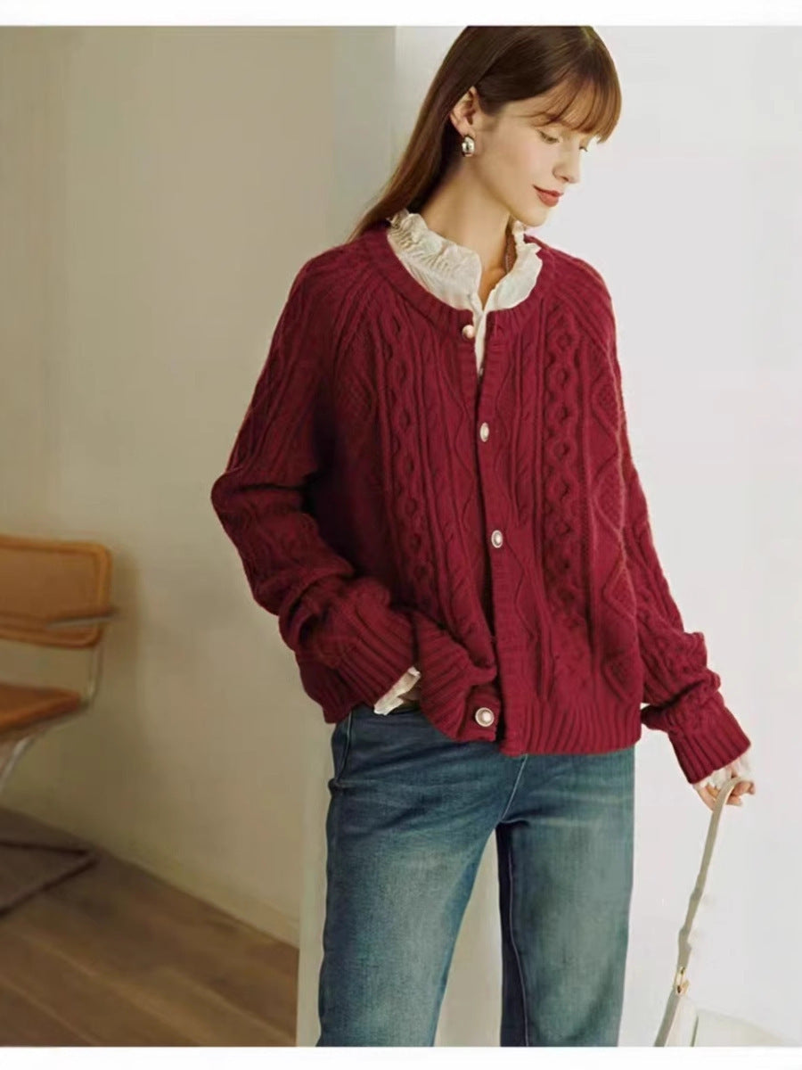 Damen Kuscheliger Zopf- und Rautenstrick-Cardigan mit Perlmuttknopfblende Drune