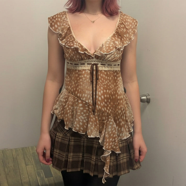 Damen asymmetrisches Sommerkleid mit Rüschen und Spitzenakzenten Drune