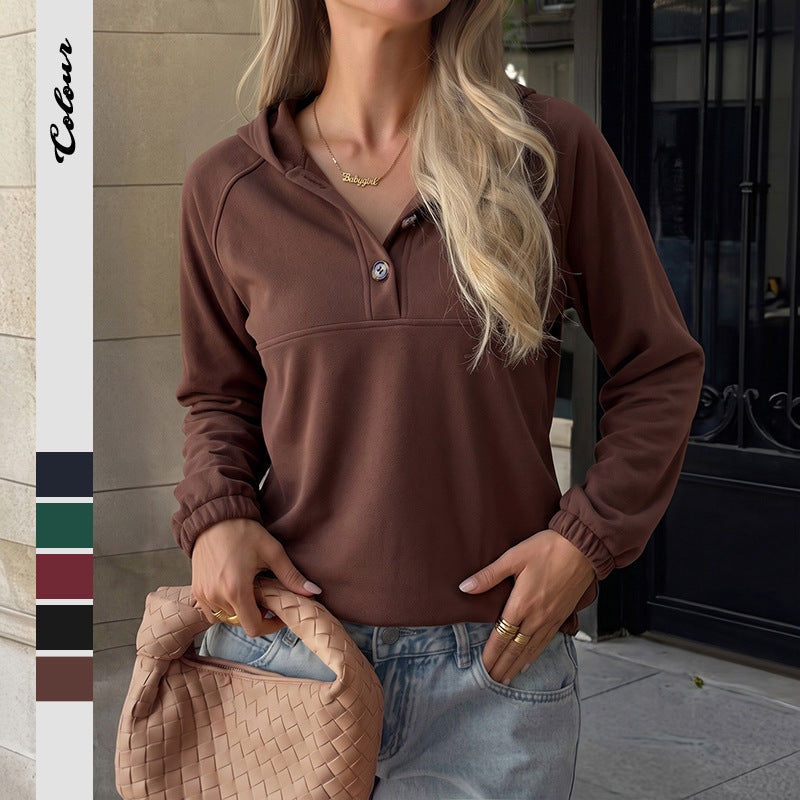 Damen Kapuzenbluse mit raglanärmeln, zweifacher Knopfleiste und elastischem Saum Drune