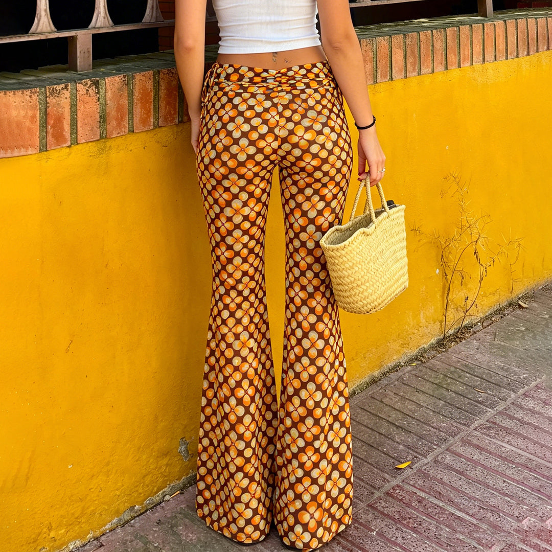 Damen nan ausgestellte Schlaghose mit hoher Taille, seitlichen Kordelzügen und retro Blumenprint Drune