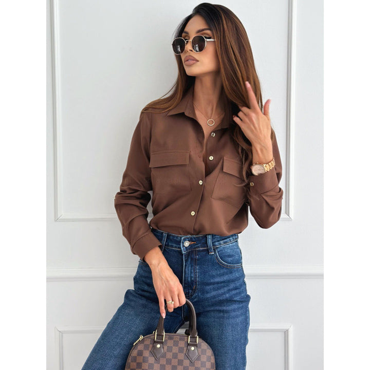 Damen Modische Bluse mit Taschen und Knopfdetails Drune