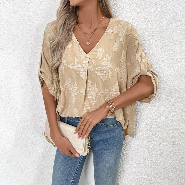 Damen leichte Oversize V-Neck Bluse mit strukturiertem Jacquardmuster und krempelbaren Ärmeln Drune