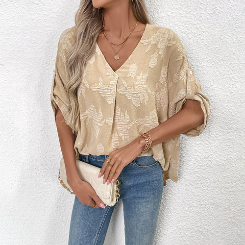 Damen leichte Oversize V-Neck Bluse mit strukturiertem Jacquardmuster und krempelbaren Ärmeln Drune
