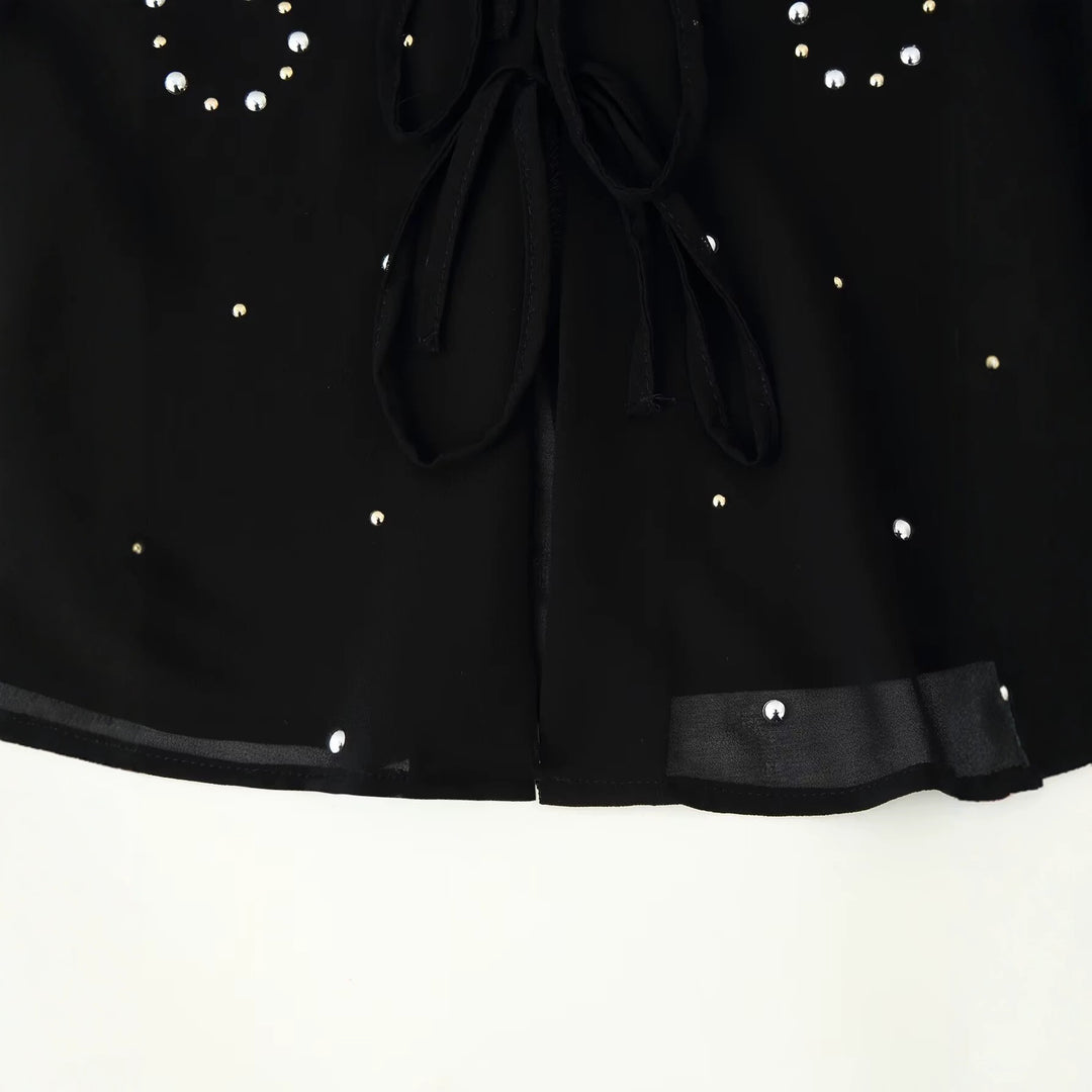 Damen Chiffon-Bluse mit Paillettenbesatz, tiefem V‑Ausschnitt und dekorativen Bindebändern Drune