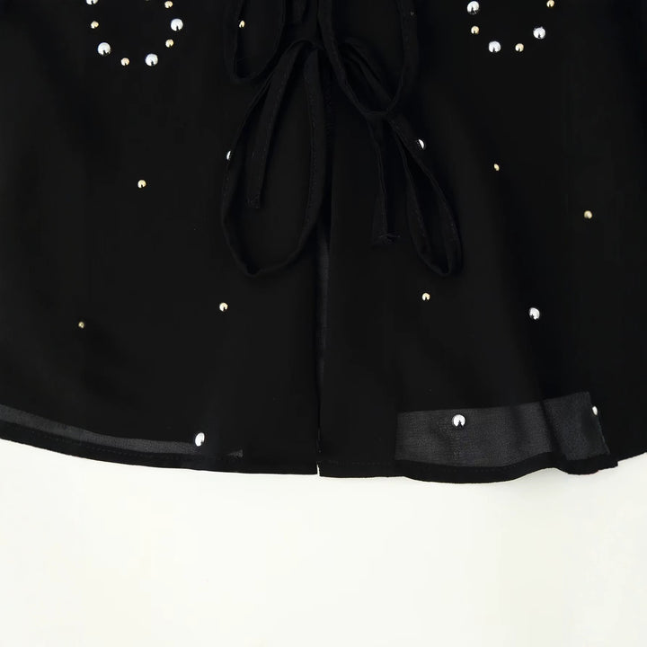 Damen Chiffon-Bluse mit Paillettenbesatz, tiefem V‑Ausschnitt und dekorativen Bindebändern Drune