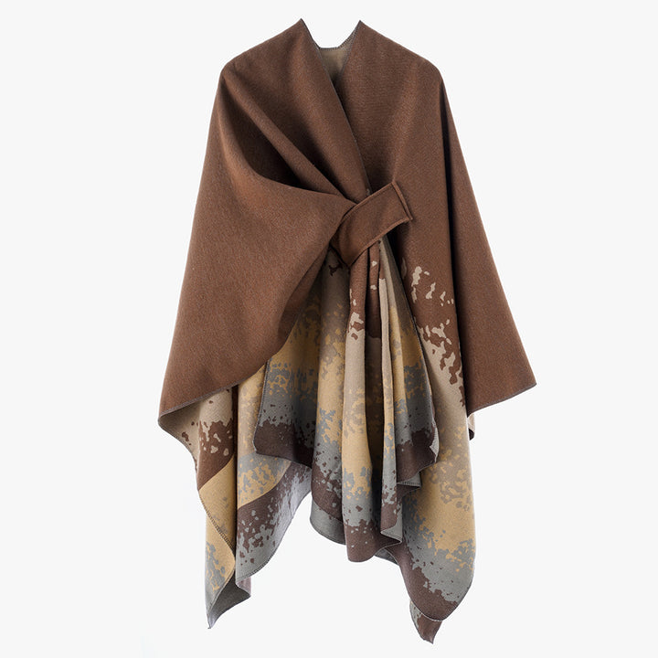 Damen Reversibler Wollmix-Capeponcho mit Bindegürtel und abstraktem Farbverlauf Drune