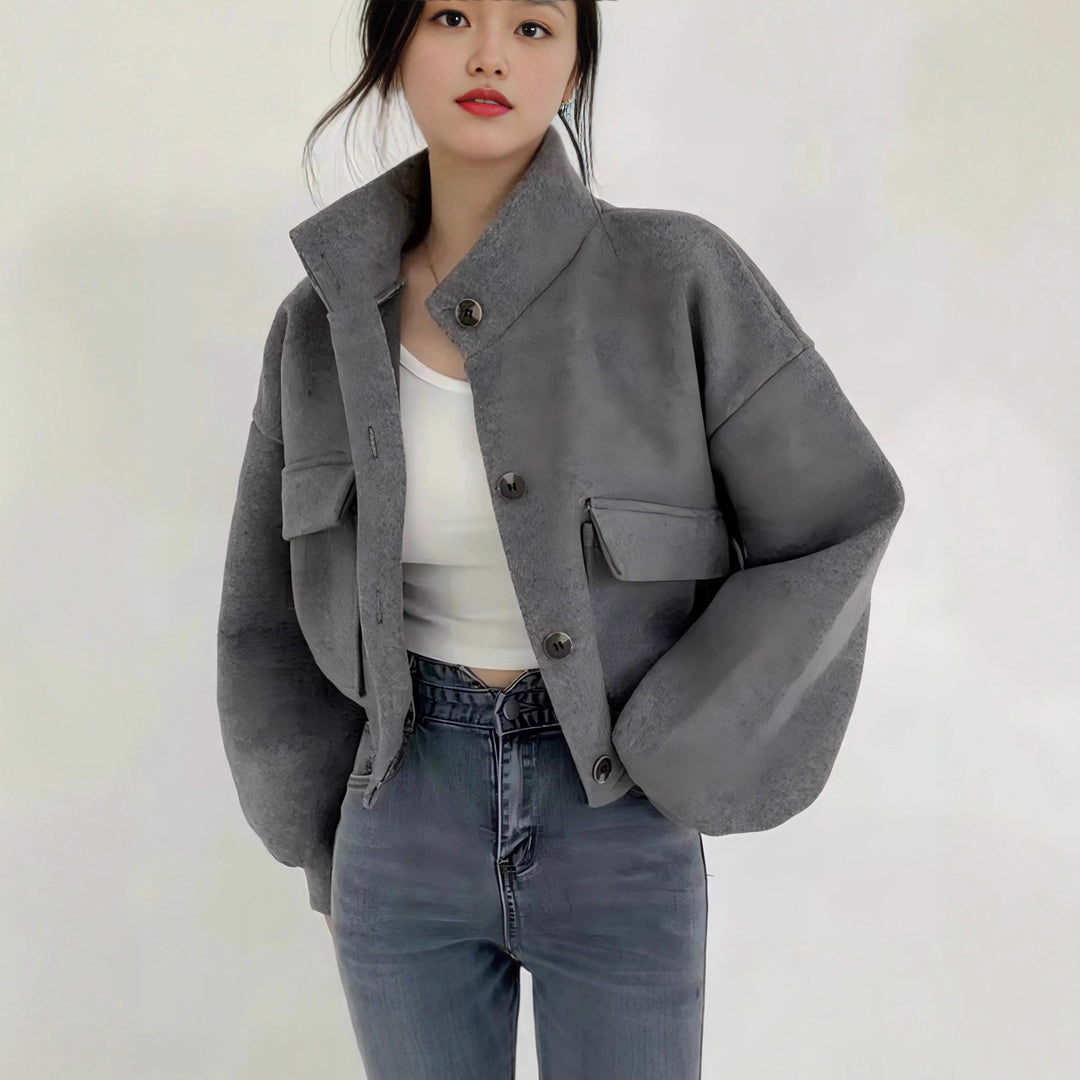 Damen Kurze Oversize-Wolloptik-Jacke mit Stehkragen und Ballonärmeln Drune
