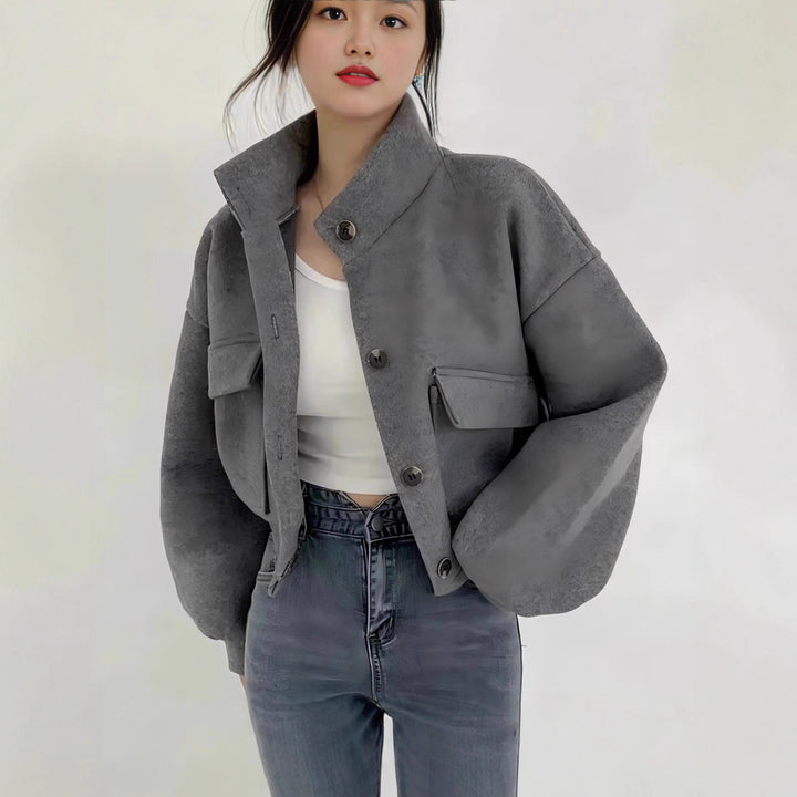Damen Kurze Oversize-Wolloptik-Jacke mit Stehkragen und Ballonärmeln Drune