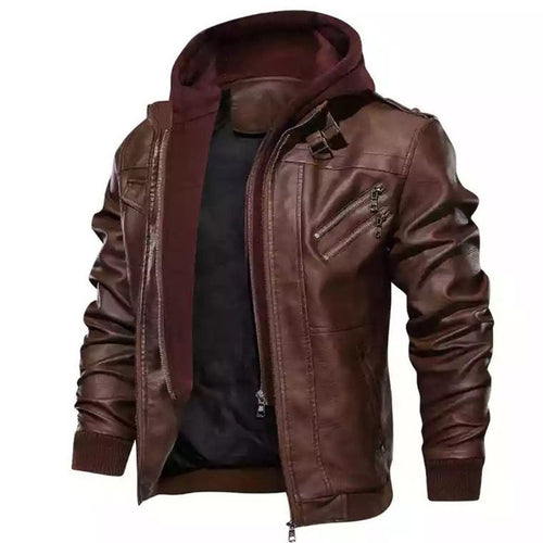 Herren Kapuzen-Lederimitatjacke im Bikerstil mit Reißverschlusstaschen und gerippten Bündchen Drune