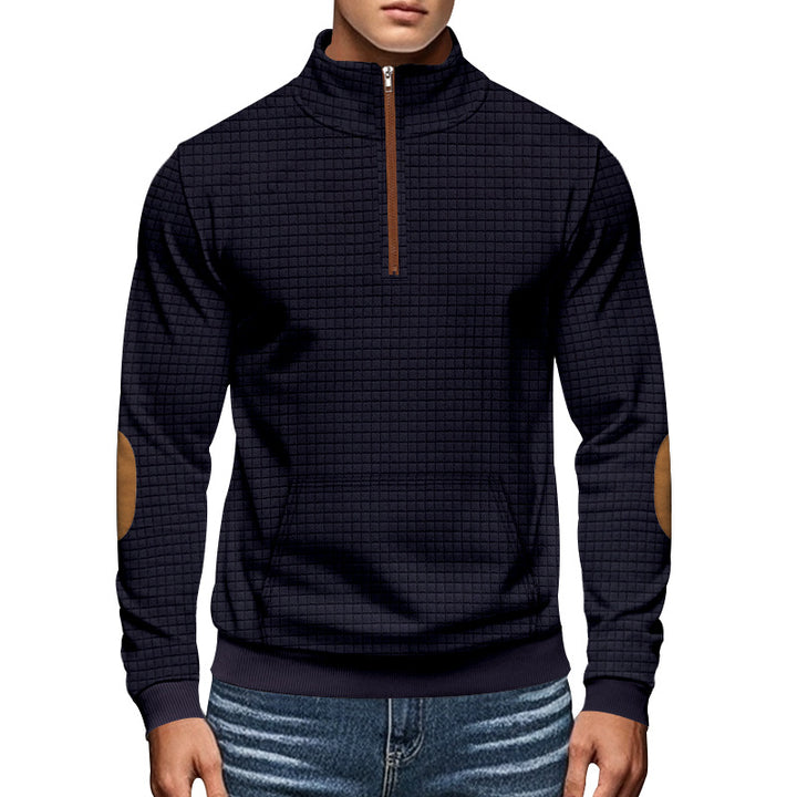 Herren nan gestepptes Halfzip-Sweatshirt mit Stehkragen, Kängurutasche und Kunstleder-Ellenbogenpatches Drune