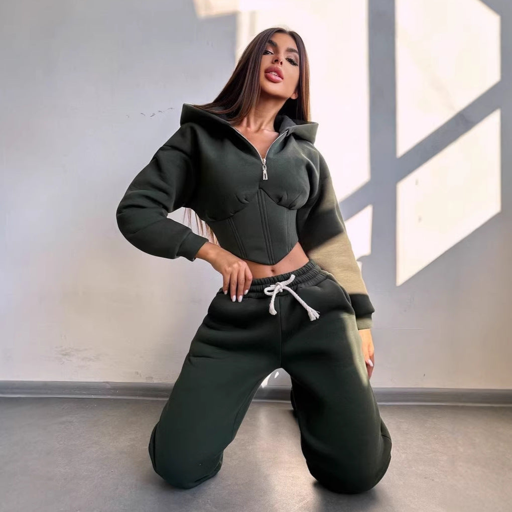 Damen Crop-Kapuzenjacke mit Korsagennaht und High-Waist Jogginghose Drune