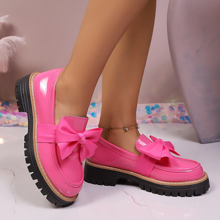 Damen  Lack-Optik Loafer mit massiver Profilsohle und großer Stoffschleife Drune