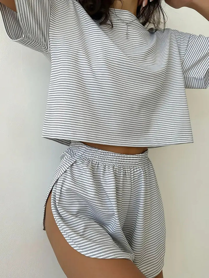 Damen Lässiges Streifen-Set mit weitem T-Shirt und Shorts Drune