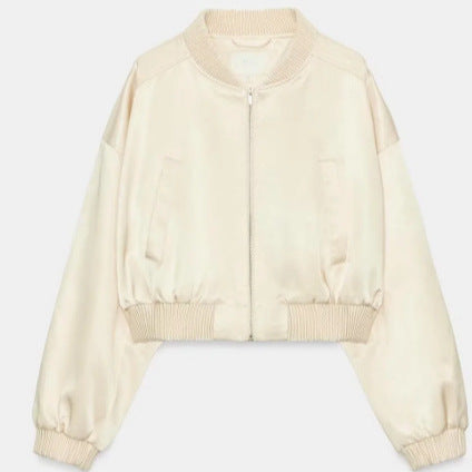 Damen Cropped Blousonjacke aus Satinoptik mit Ballonärmeln und Rippbündchen Drune